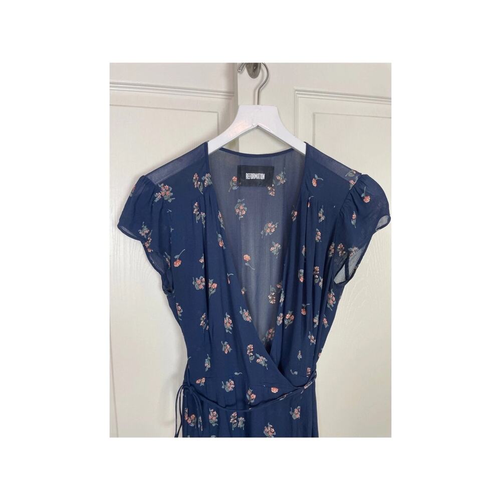 Reformation Oyster Navy Floral Wrap Mini Dress Sz M - Picture 3 of 9